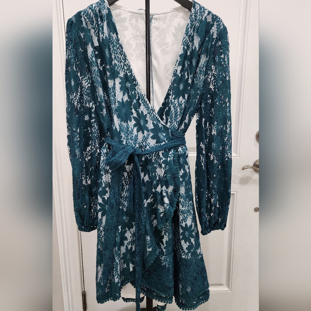 Teal Lace Wrap Dress. Amazon. Size XL.